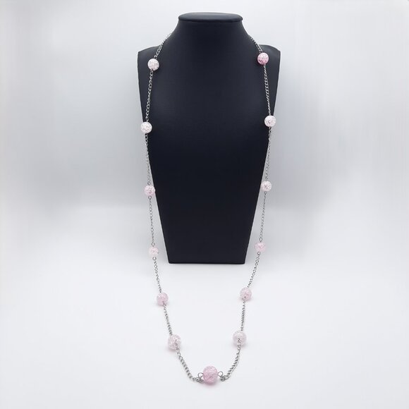 Handmade Jewelry - Pink Crackle Glass Long Opera Feminine Statement Chain Necklace Handmade Jewelry